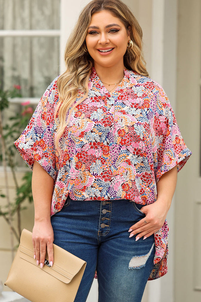 Rosy Brown Plus Size Printed Notched Neck Half Sleeve Top Tops