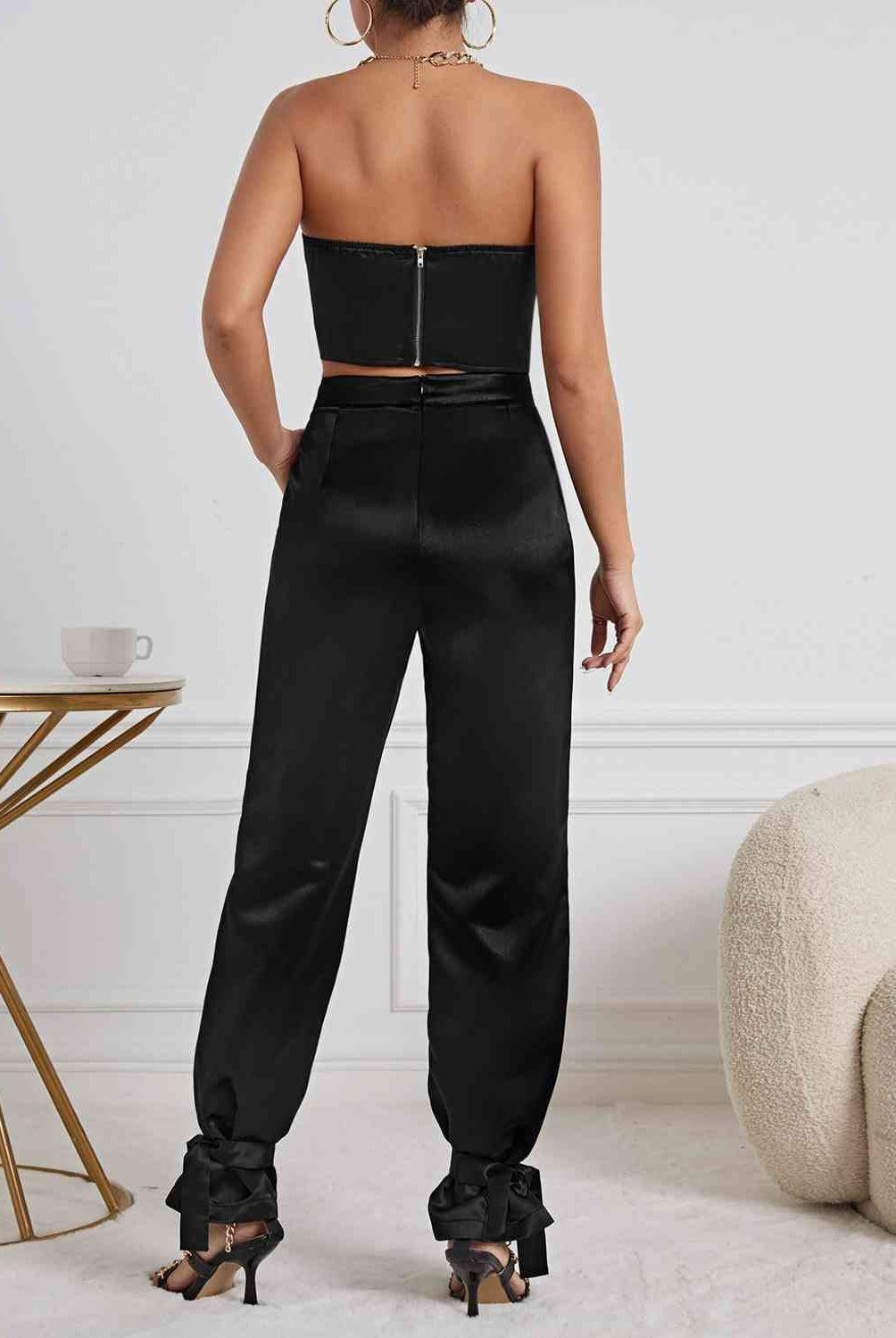 Light Gray You're Worth It Black Knot Detail Tube Top and Pants Set Outfit Sets