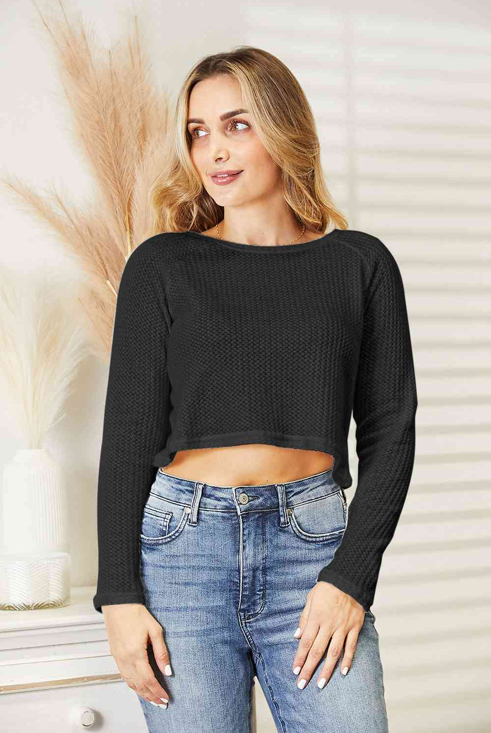 Dark Slate Gray Full Size Long Sleeve Cropped Top Plus Size Clothes