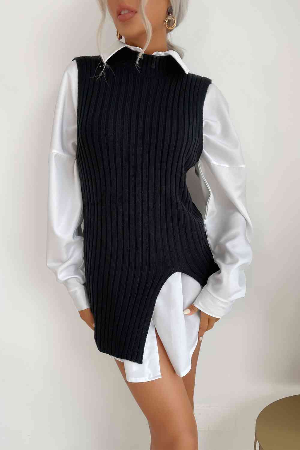 Light Gray Slit Hem Sweater Vest Dress Winter Accessories