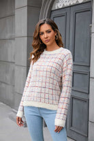 Slate Gray Plaid Round Neck Long Sleeve Pullover Sweater