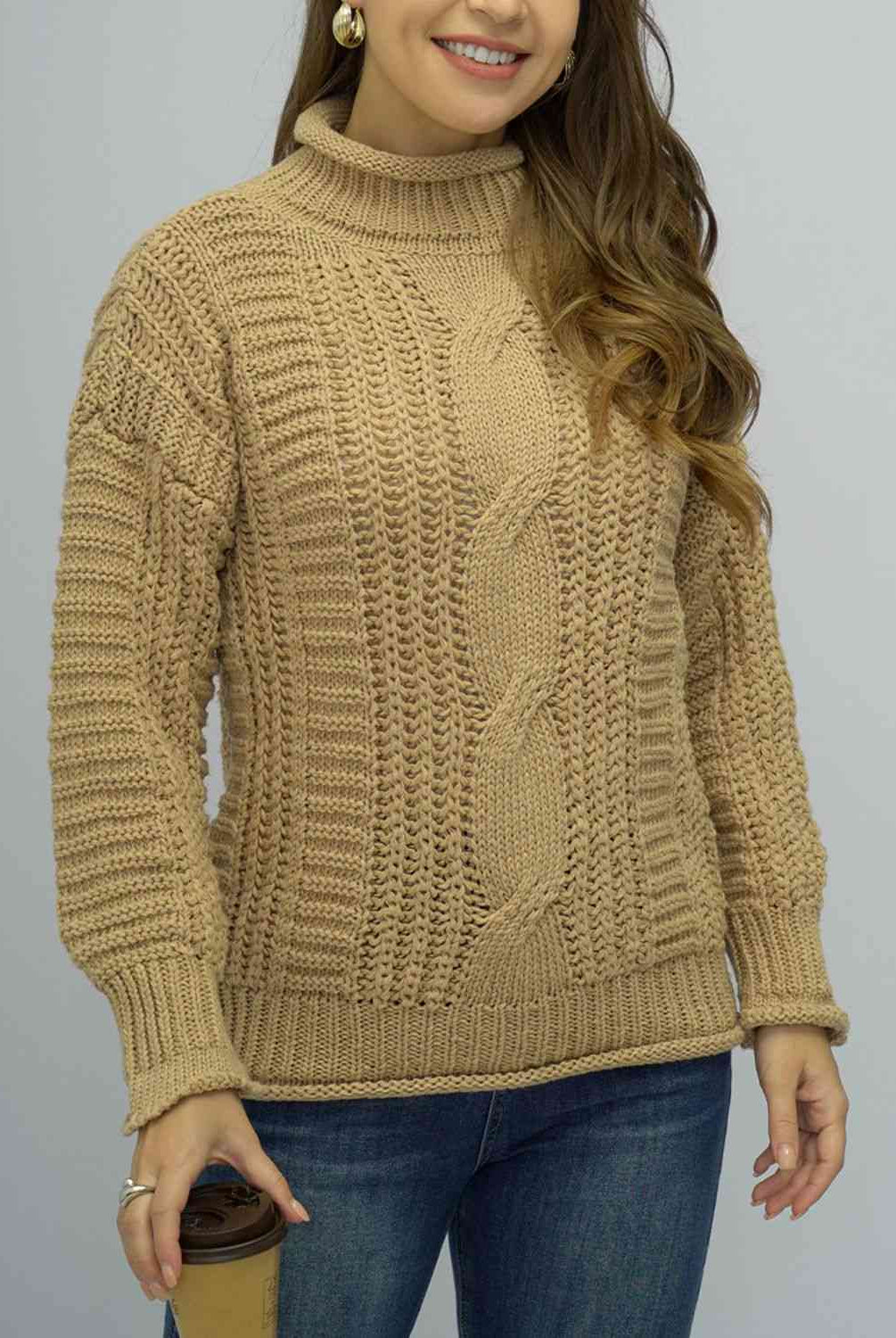 Rosy Brown Cable-Knit Mock Neck Sweater Clothing