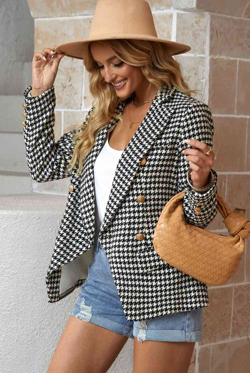 Rosy Brown Houndstooth Double-Breasted Blazer Clothes