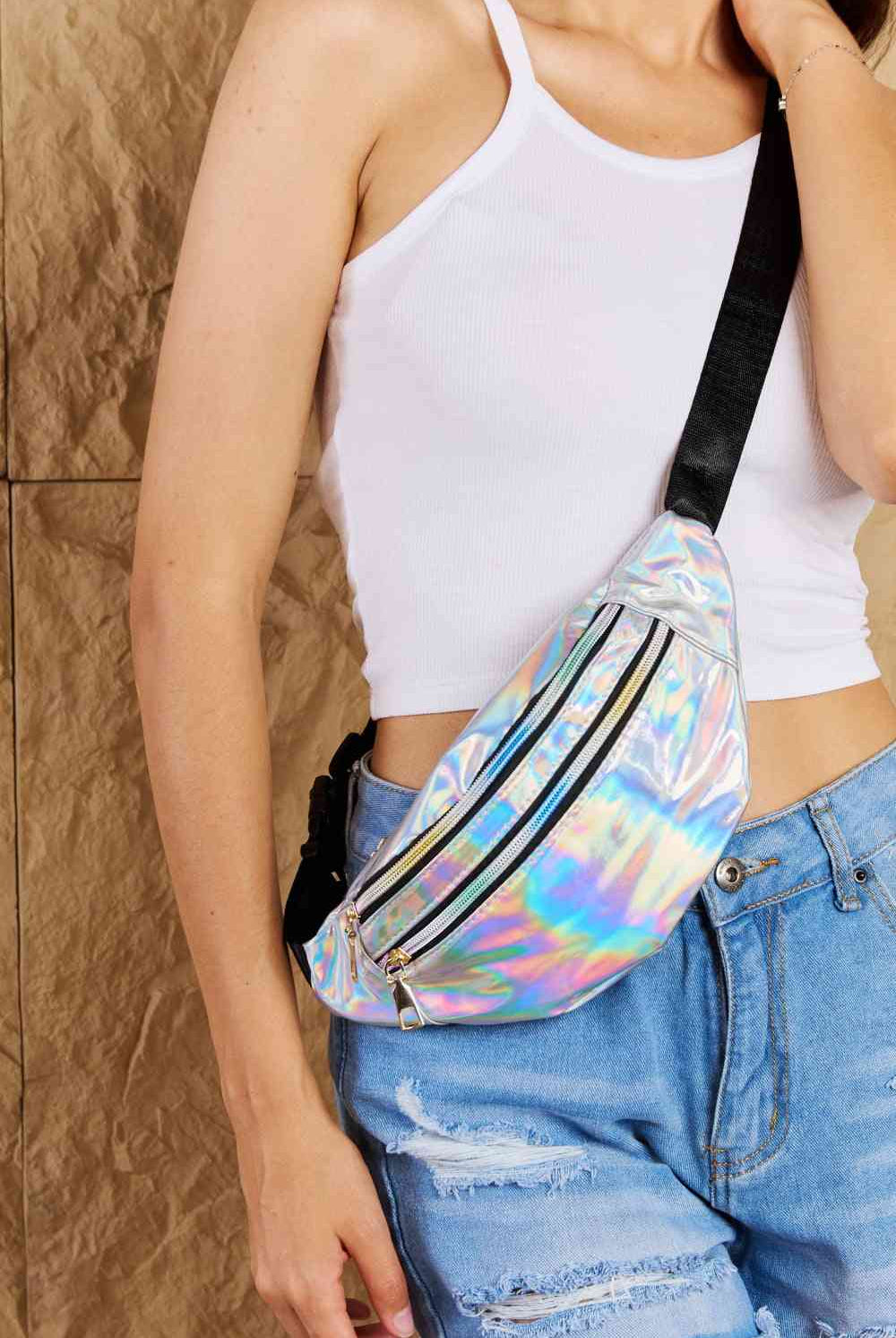 Gray Fame Good Vibrations Holographic Double Zipper Fanny Pack in Silver Clothing