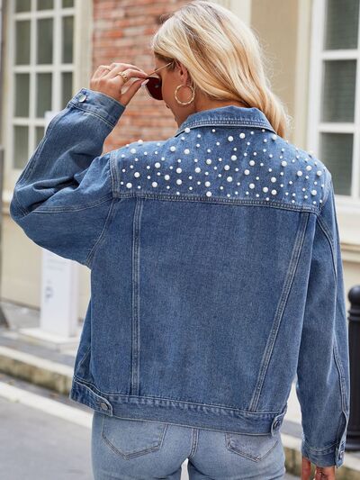 Dim Gray Pearl Detail Collared Neck Long Sleeve Denim Jacket Denim