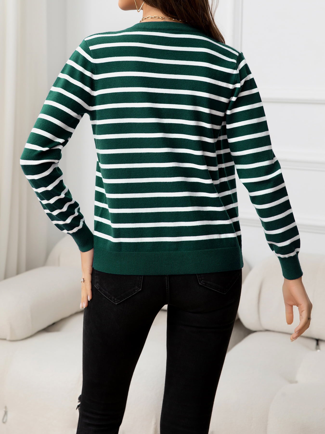 Light Gray Striped Round Neck Long Sleeve Buttoned Knit Top Clothing