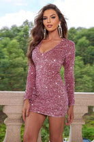 Dim Gray Sequin V-Neck Long Sleeve Mini Dress New Year Looks