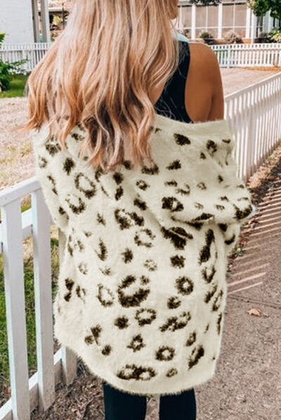 Gray Leopard Open Front Cardigan with Pockets Trends