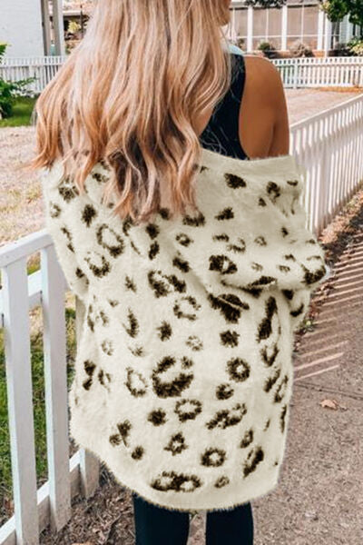 Gray Leopard Open Front Cardigan with Pockets Trends