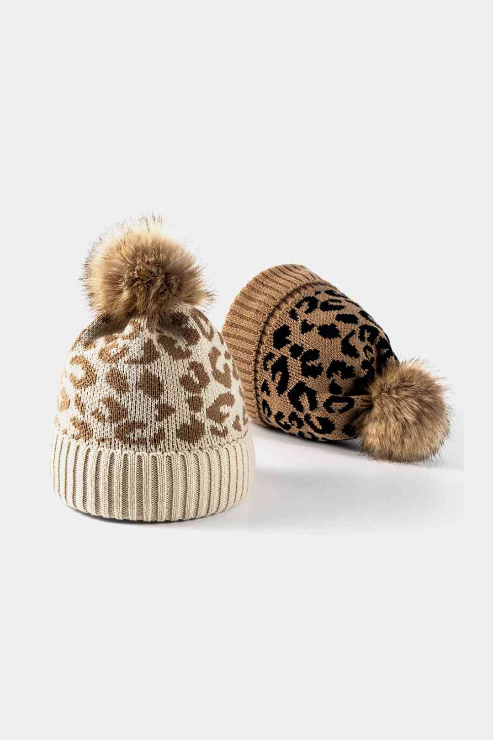 Beige Leopard Pom-Pom Cuffed Beanie Winter Accessories