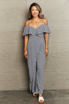 Rosy Brown Striped Spaghetti Strap Cold-Shoulder Jumpsuit Clothing