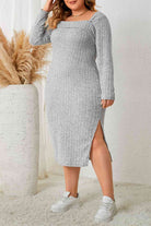 Gray Plus Size Square Neck Long Sleeve Slit Dress Plus Size Clothes