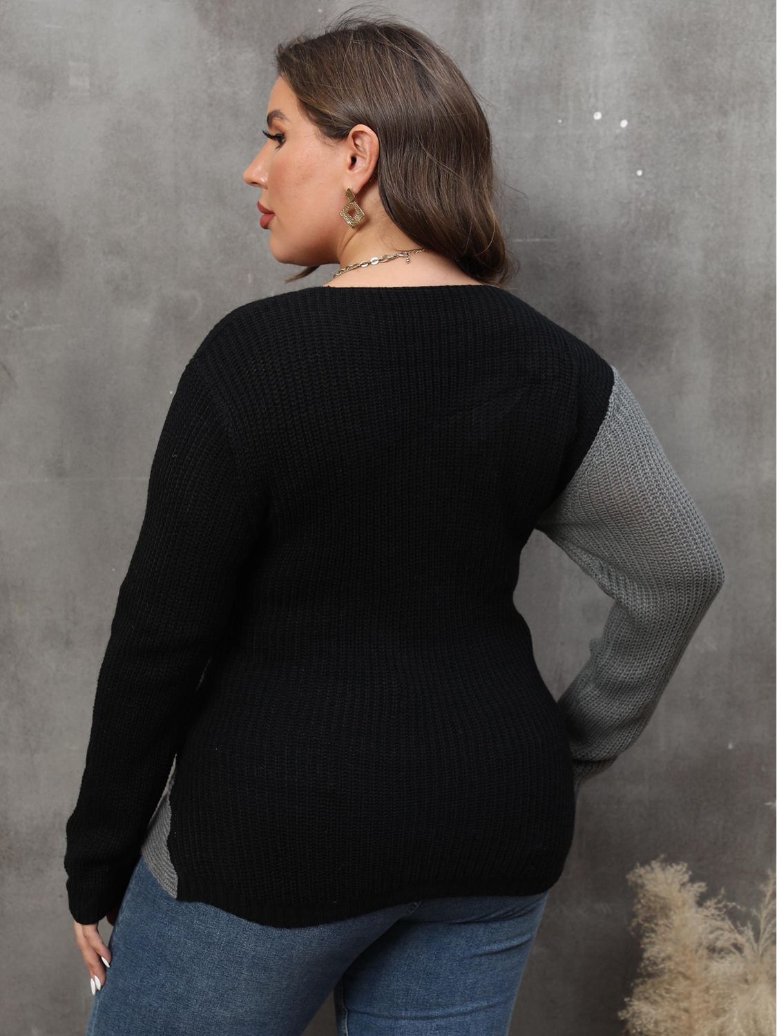 Dark Slate Gray Plus Size Two-Tone Surplice Neck Sweater Clothing