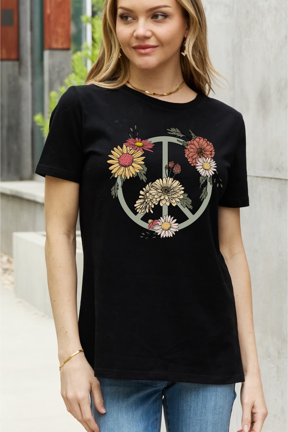 Gray Simply Love Full Size Flower Graphic Cotton Tee Tops