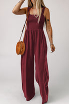 Light Gray Smocked Square Neck Wide Leg Jumpsuit with Pockets