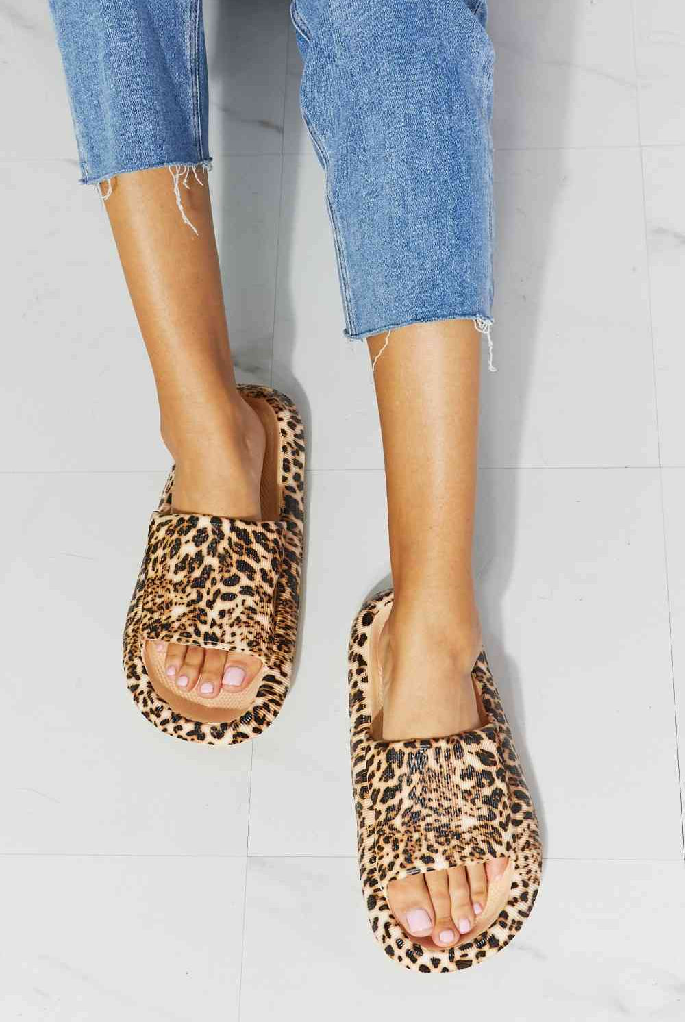 Light Gray MMShoes Arms Around Me Open Toe Slide in Leopard Shoes