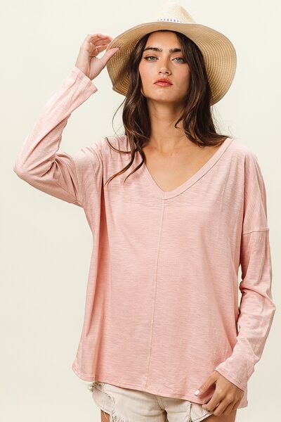 Wheat BiBi Exposed Seam V-Neck Long Sleeve T-Shirt Valentine's Day