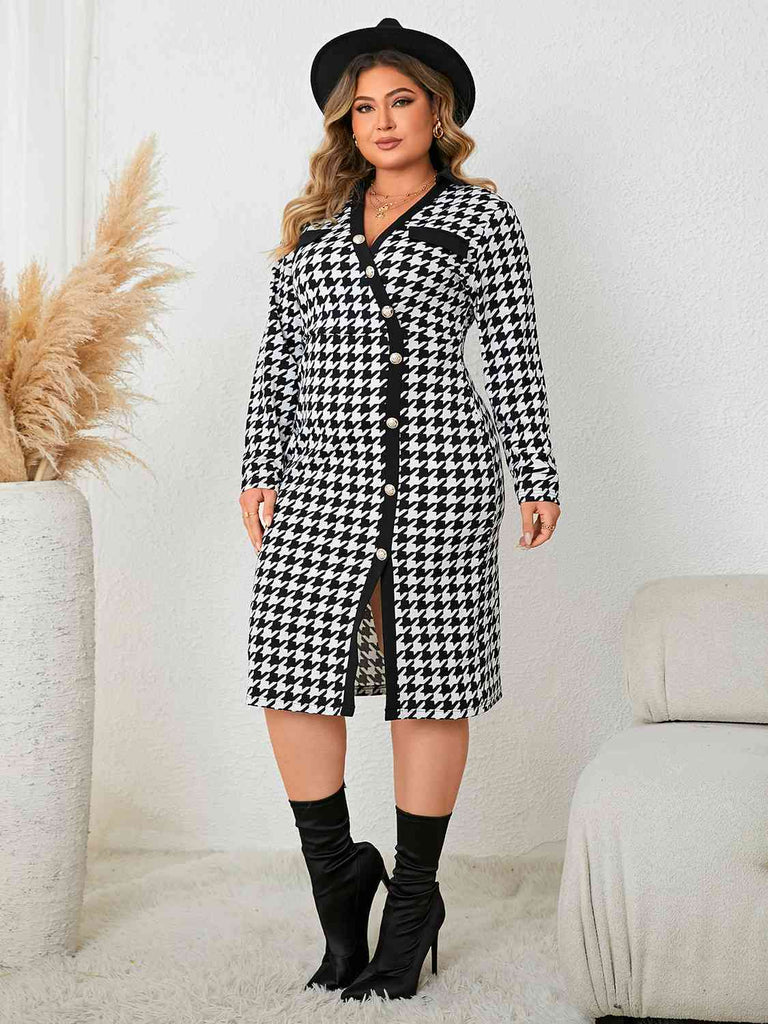 Light Gray Plus Size Houndstooth Long Sleeve Slit Dress Plus Size Clothes