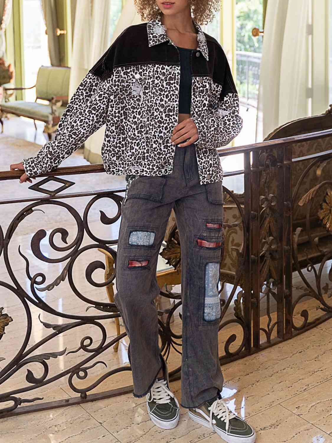 Gray Leopard Print Dropped Shoulder Long Sleeve Denim Jacket Trends