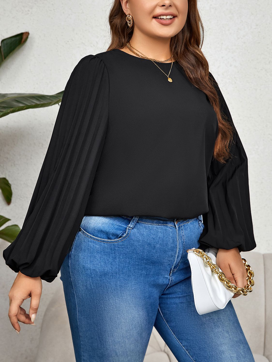Dark Slate Gray Living The Dream Plus Size Round Neck Puff Sleeve Blouse Plus Size Tops