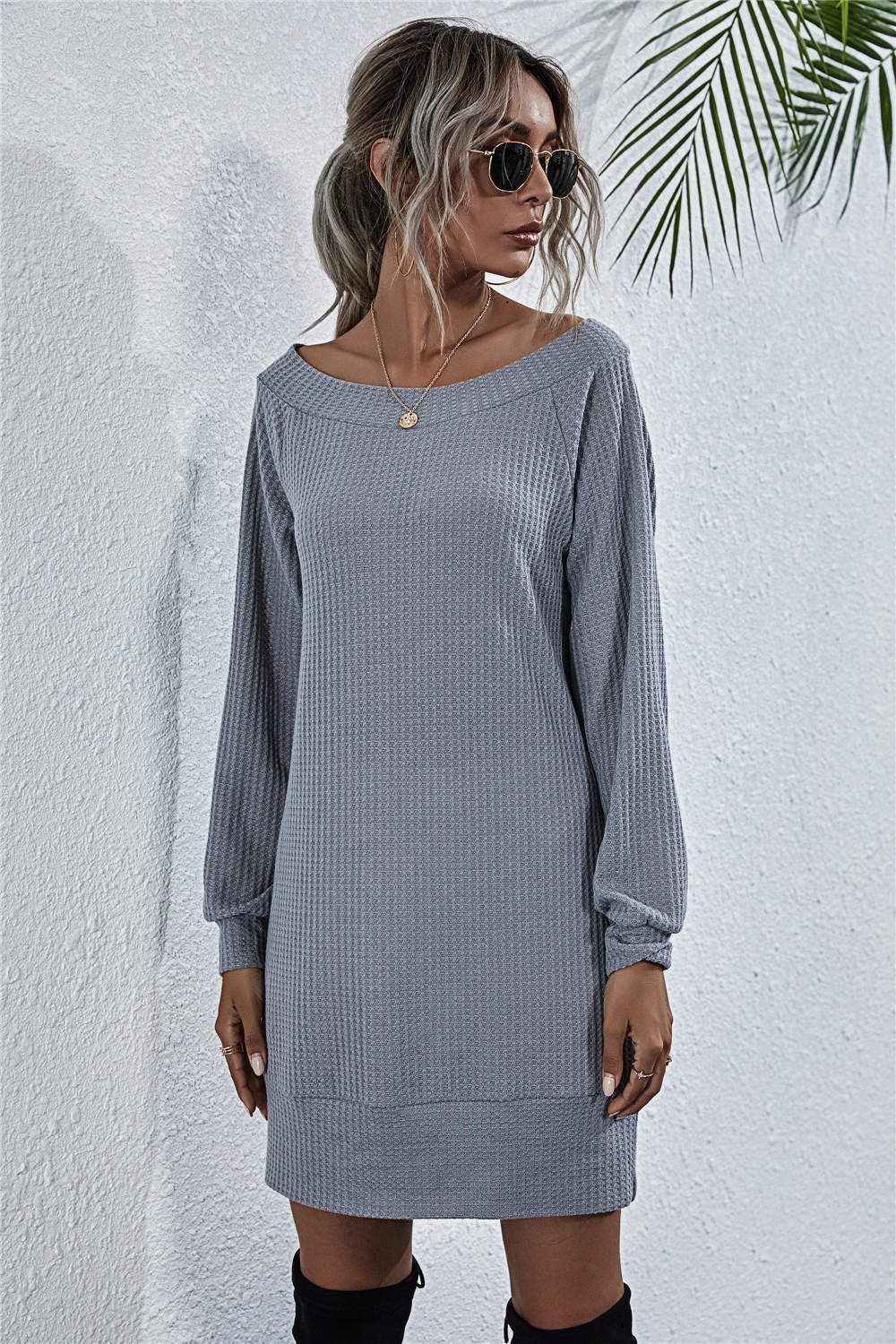 Gray Here For The View Waffle-Knit Boat Neck Mini Dress Mini Dresses