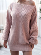 Rosy Brown Rib-Knit Balloon Sleeve Boat Neck Sweater Dress Dresses