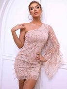 Misty Rose Sequin One Shoulder Spliced Mesh Sleeve Dress Holiday