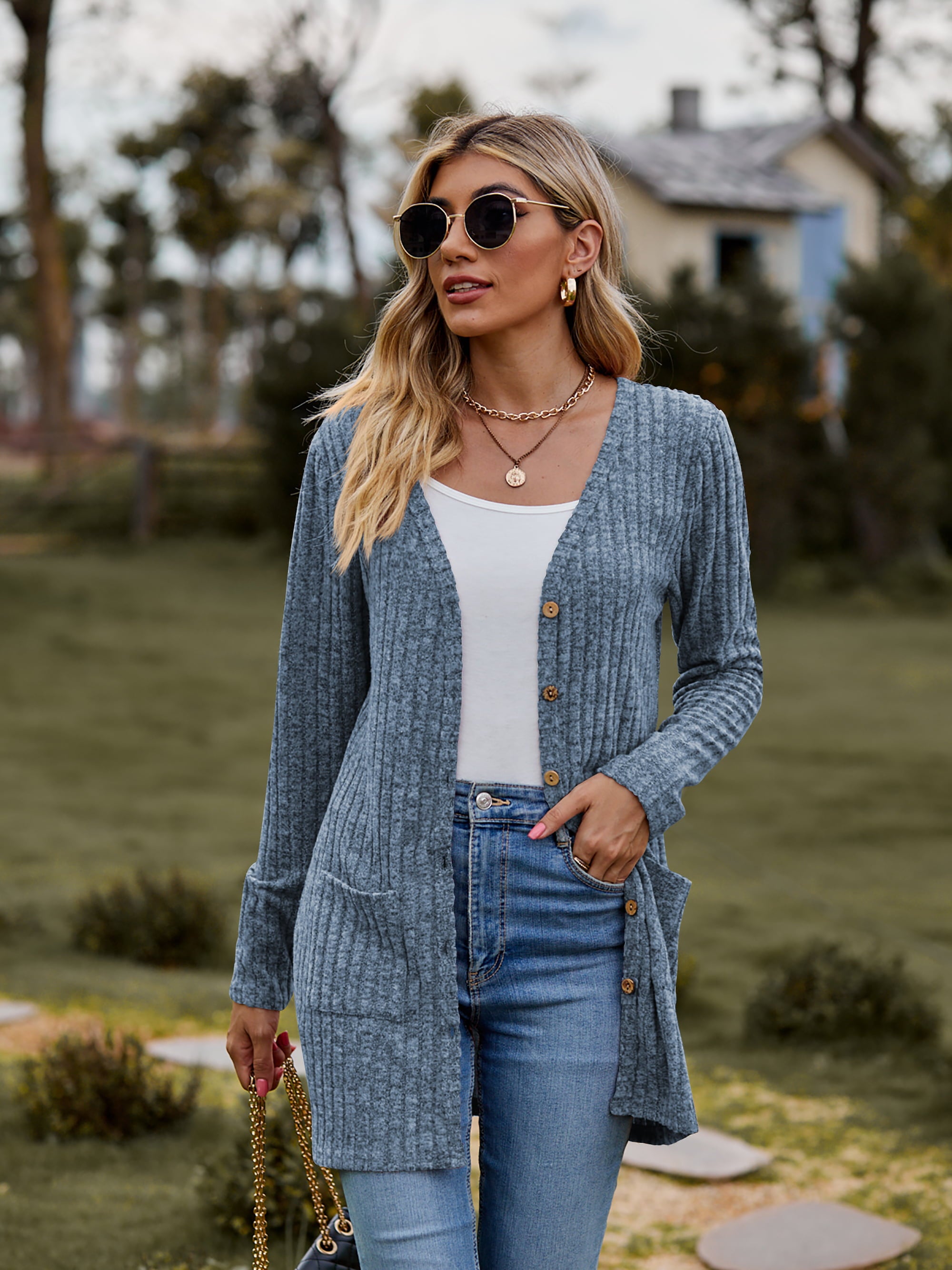 Dark Slate Gray Ribbed Button-UP Cardigan with Pockets