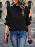 Dark Slate Gray Mock Neck Ruffle Shoulder Blouse