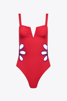 Firebrick Contrast Trim Cutout Notched Neck One-Piece Swimsuit Swimwear