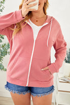 Dark Salmon Plus Size Zip Up Hooded Jacket with Pocket