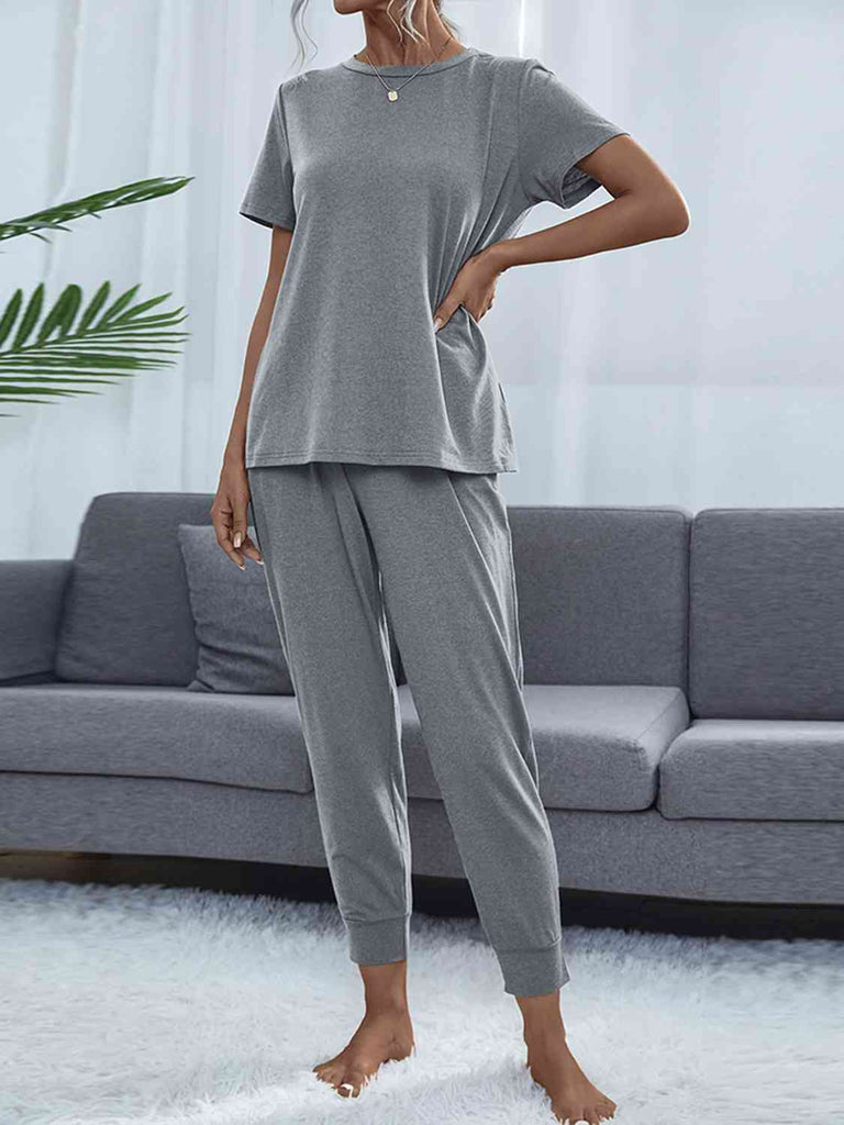 Gray Round Neck Short Sleeve Top and Pants Set Loungewear