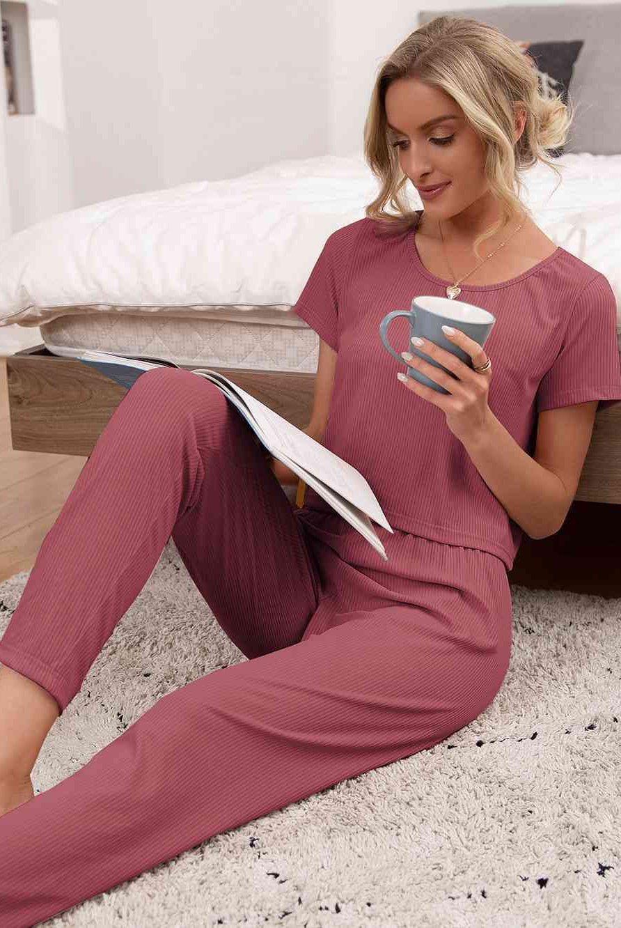 Gray In Love Round Neck Short Sleeve Top and Pants Lounge Set Loungewear