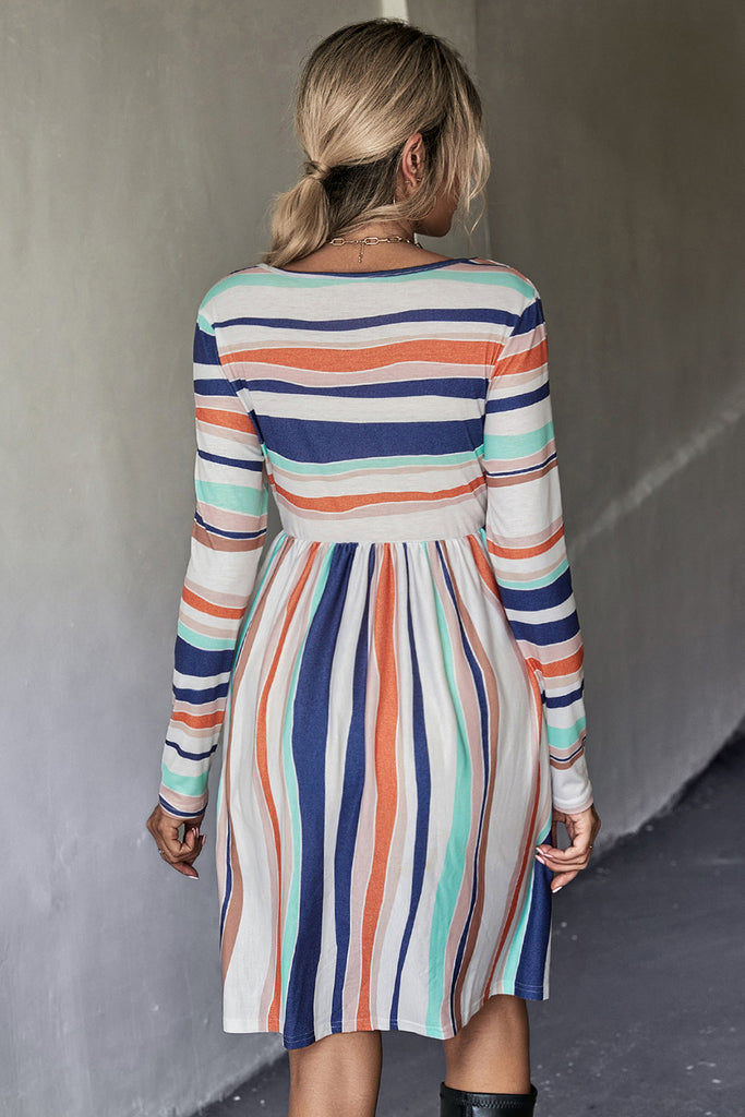 Light Slate Gray Striped Round Neck Long Sleeve Tee Dress