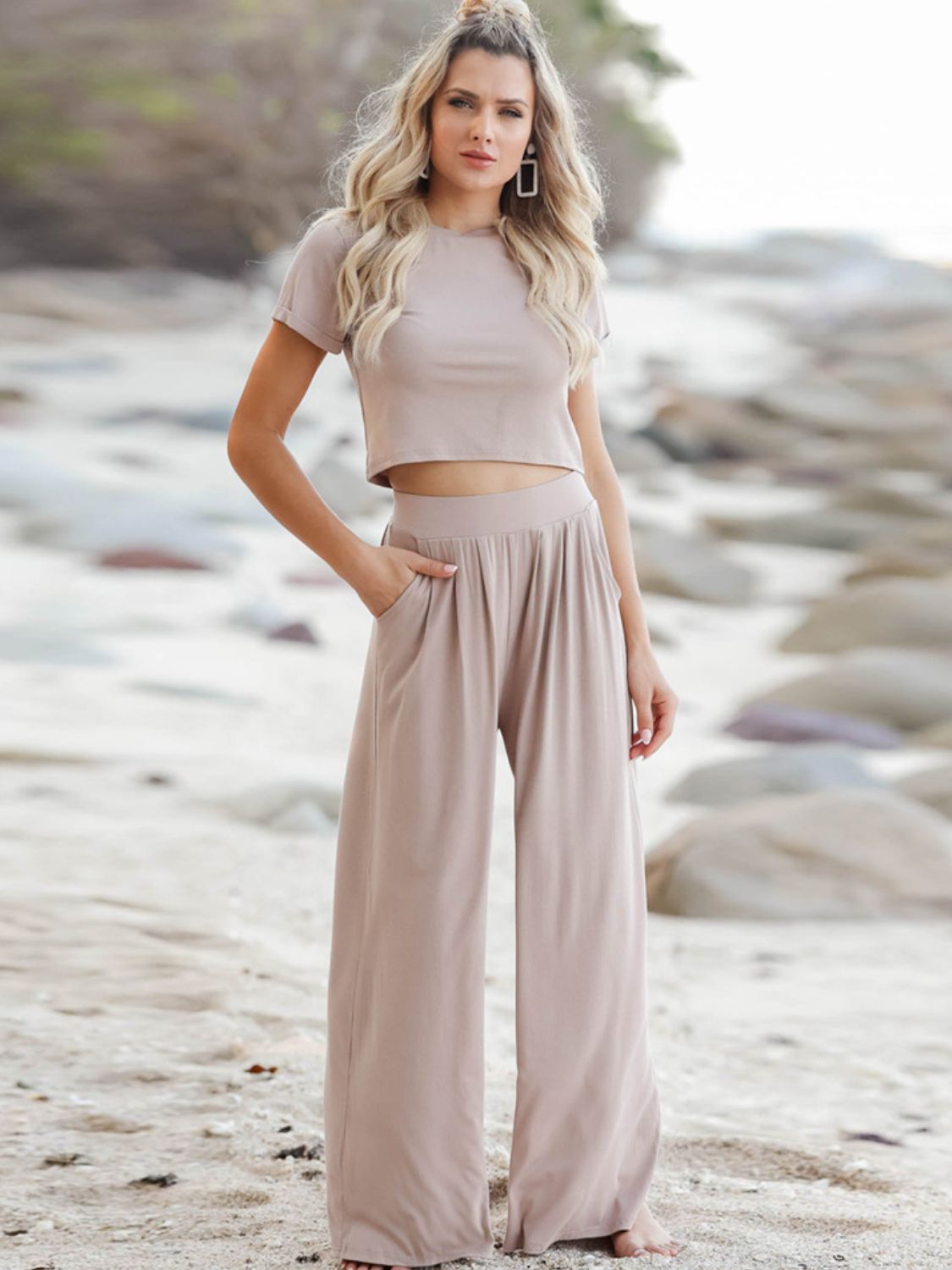 Gray Short Sleeve T-Shirt and Wide Leg Pants Set