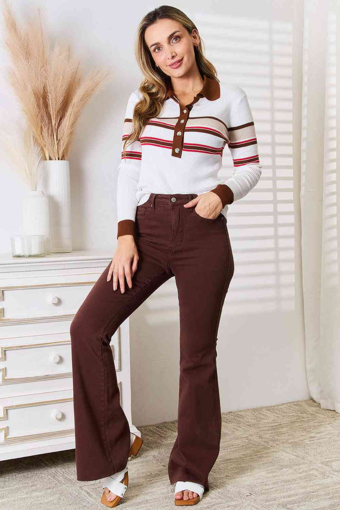 Light Gray Chocolate Delight Striped Collared Neck Rib-Knit Top Long Sleeve Tops