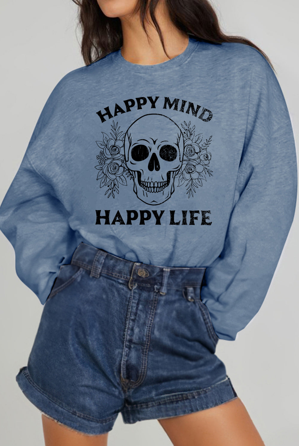 Slate Gray Simply Love Simply Love Full Size HAPPY MIND HAPPY LIFE SKULL Graphic Sweatshirt Sweatshirts