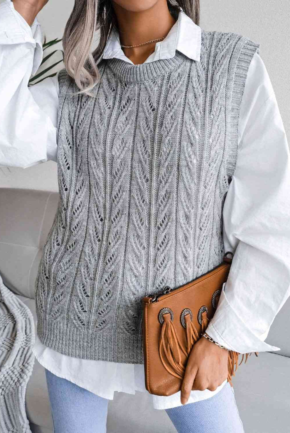 Gray Round Neck Openwork Capped Sleeve Sweater Vest Winter Accessories