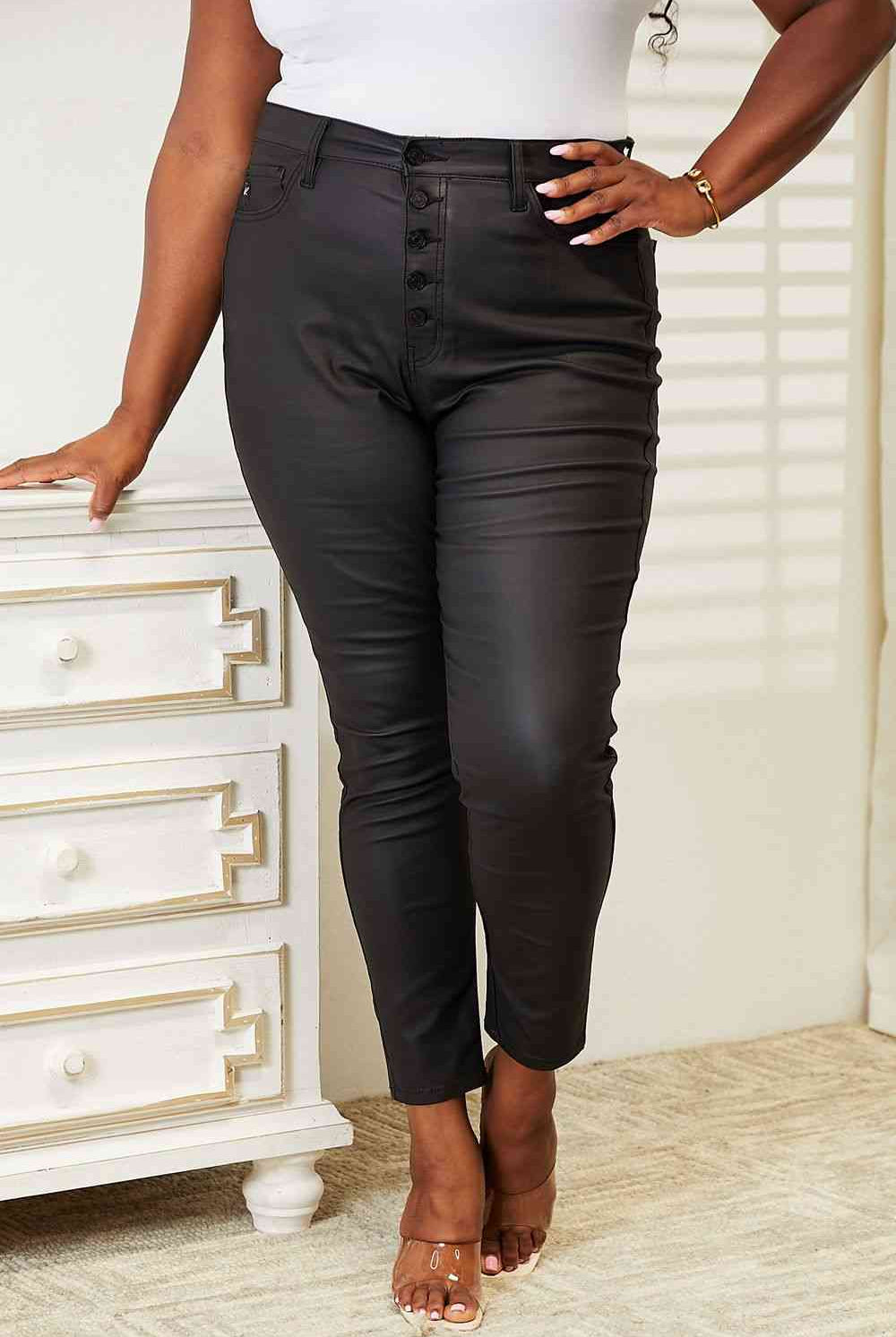 Dark Slate Gray Kancan Full Size High Rise Black Coated Ankle Skinny Jeans Clothing