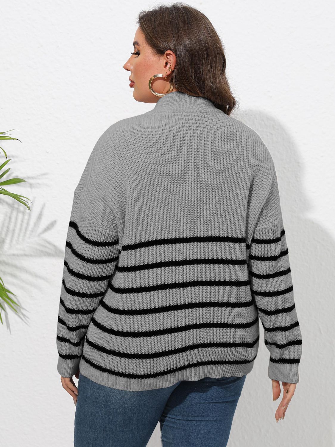 Light Gray Plus Size Zip-Up Striped Sweater Clothing