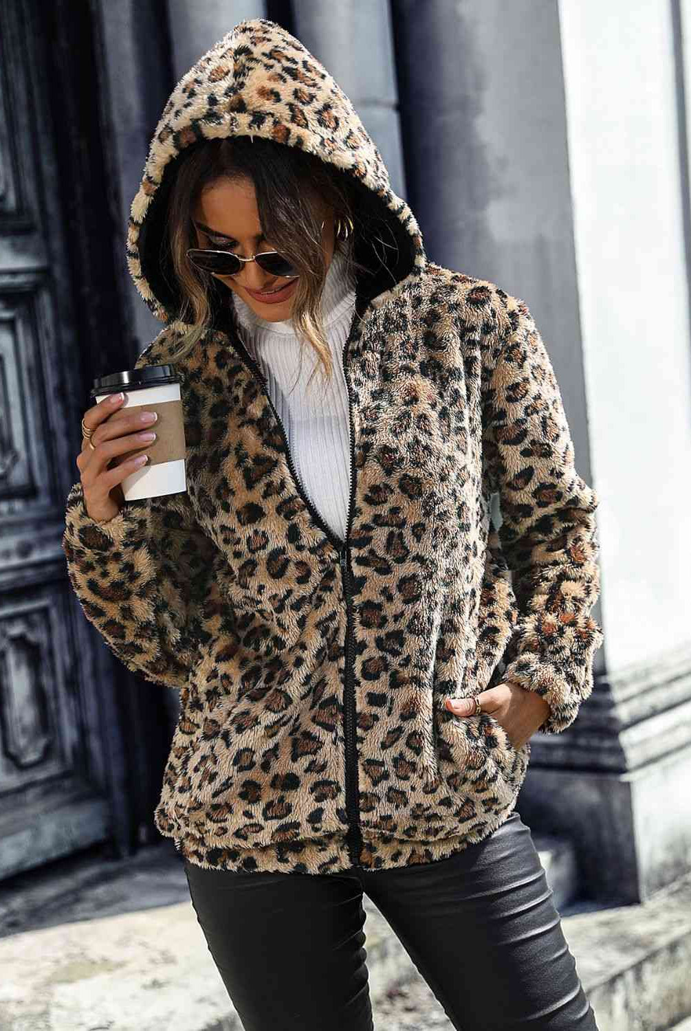 Dark Slate Gray Leopard Zip-Up Hooded Jacket Trends
