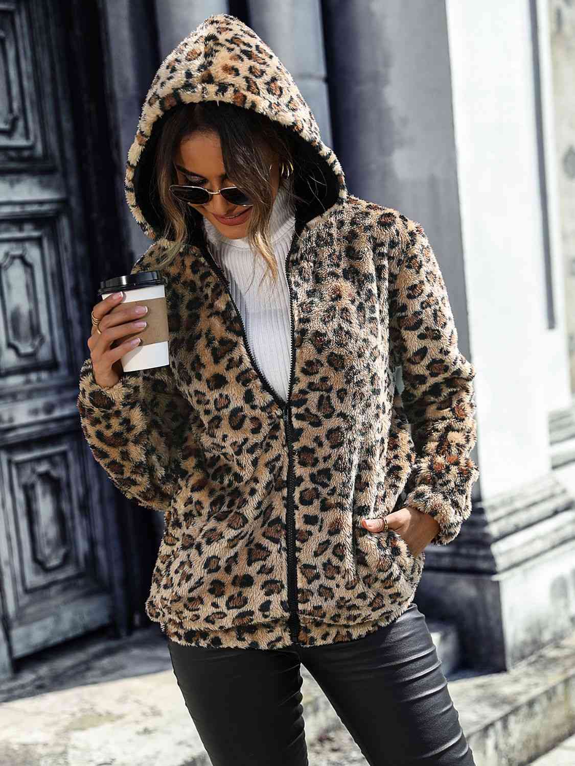 Dark Slate Gray Leopard Zip-Up Hooded Jacket Trends