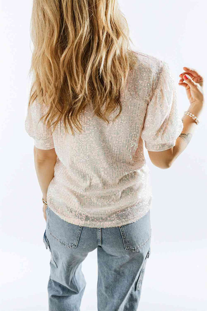 Light Gray Sequin Round Neck Short Sleeve Top Holiday
