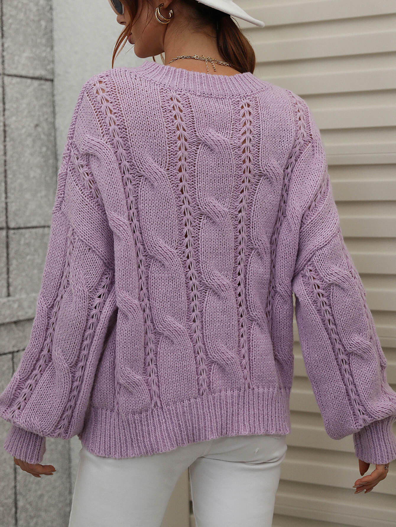 Light Slate Gray One On One Cable-Knit Openwork Round Neck Sweater Shirts & Tops