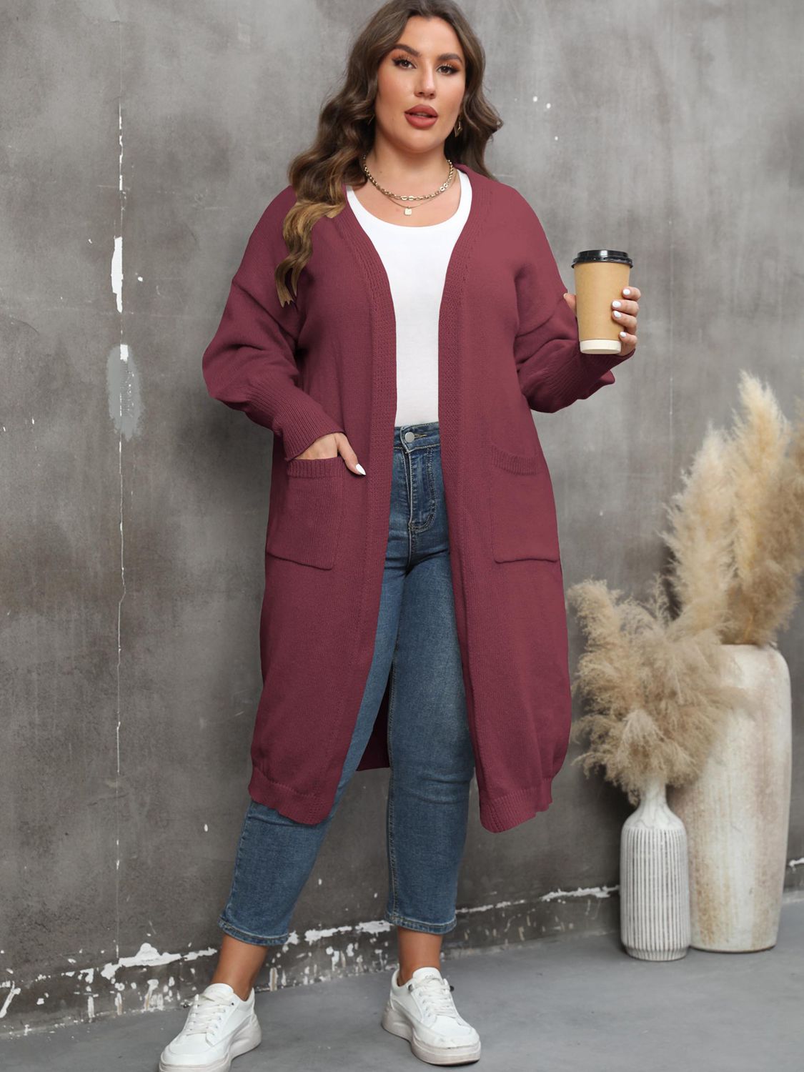 Dim Gray Plus Size Long Sleeve Pocketed Cardigan Clothing