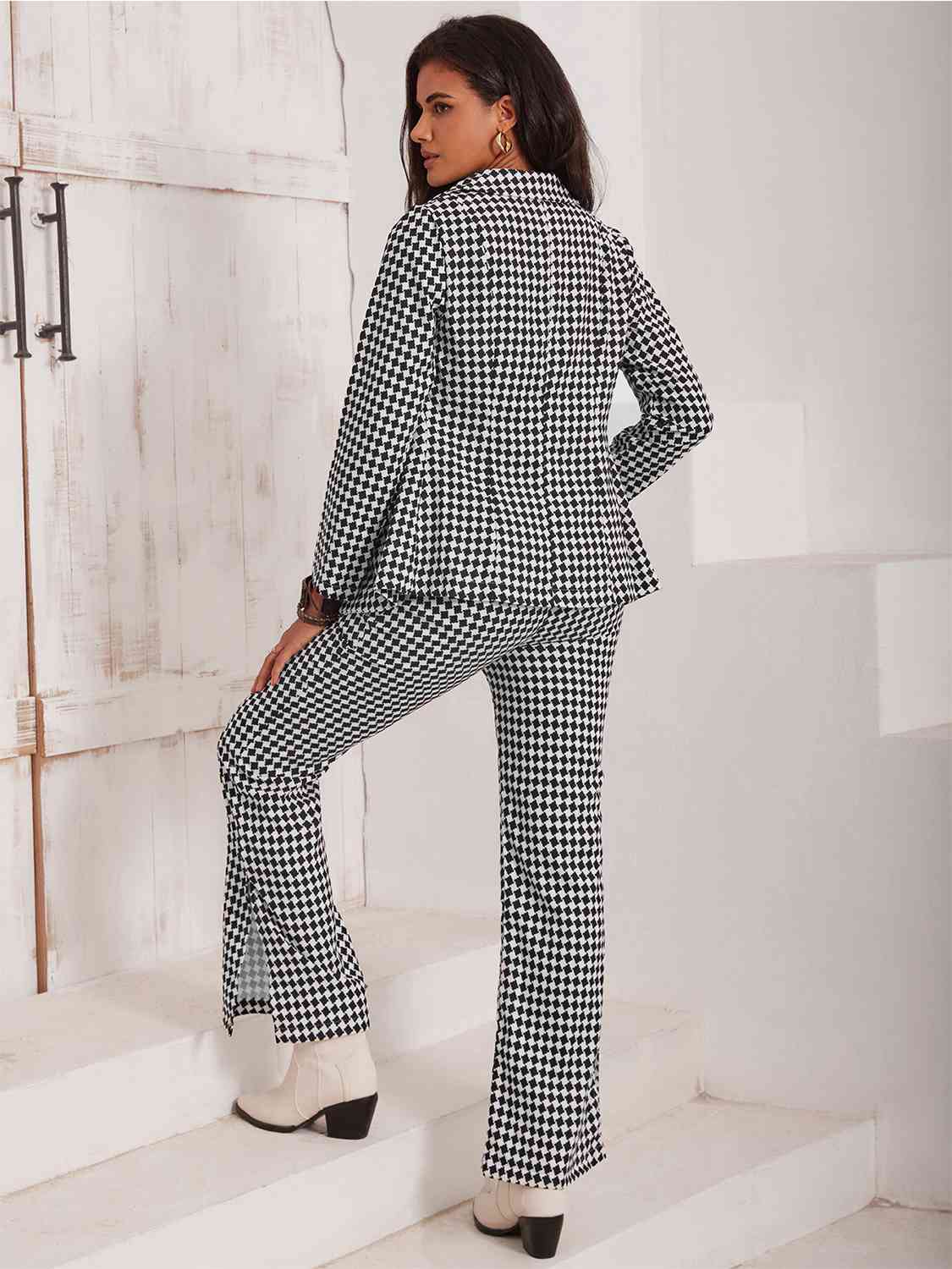 Light Gray Checkered Blazer & Slit Pants Set Holiday