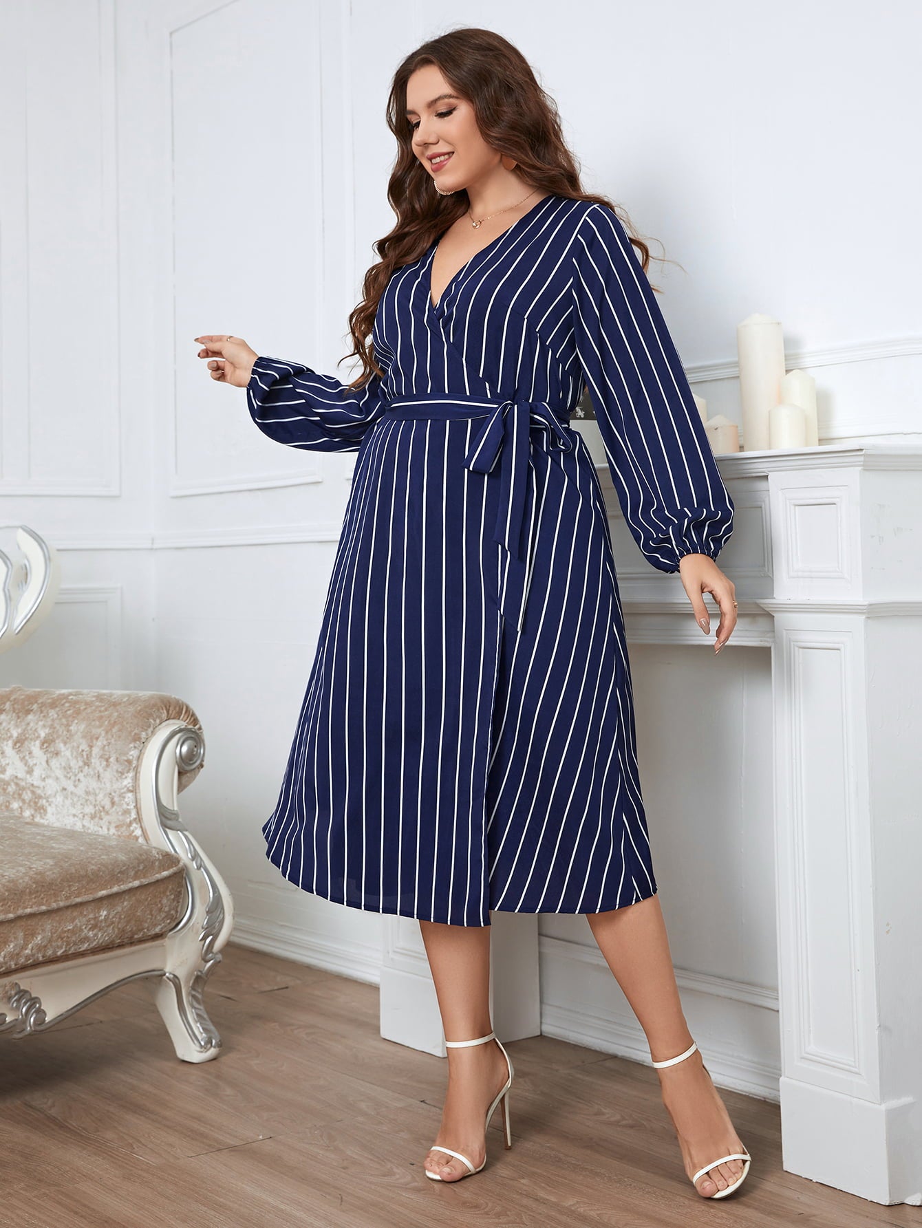 Light Gray She Knows She's A Ten Plus Size Striped Surplice Neck Long Sleeve Dress Plus Size Dresses