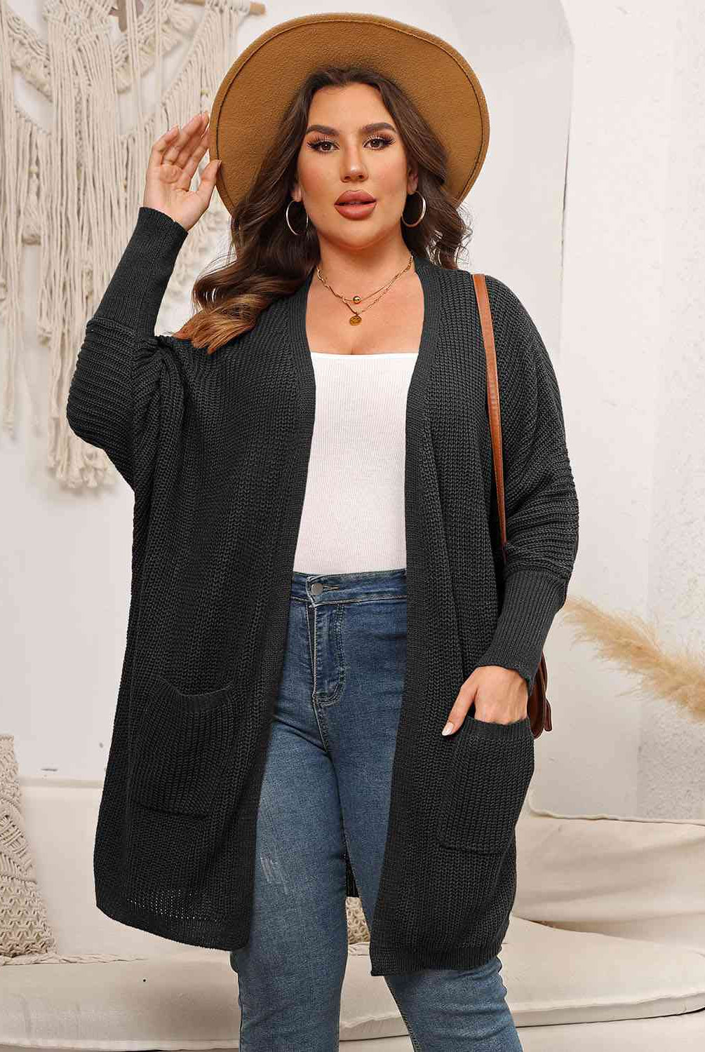 Dark Slate Gray Plus Size Open Front Cardigan With Pockets Plus Size Clothes
