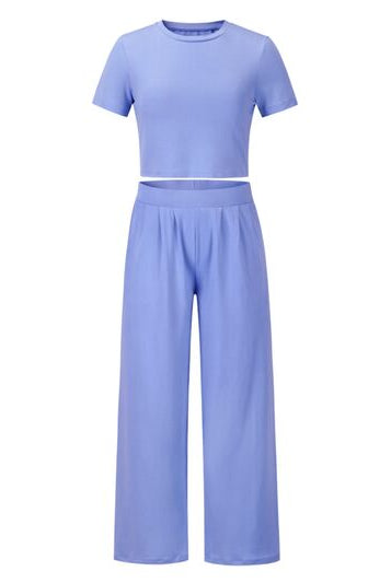 Medium Purple Round Neck Short Sleeve Top and Pocketed Pants Set