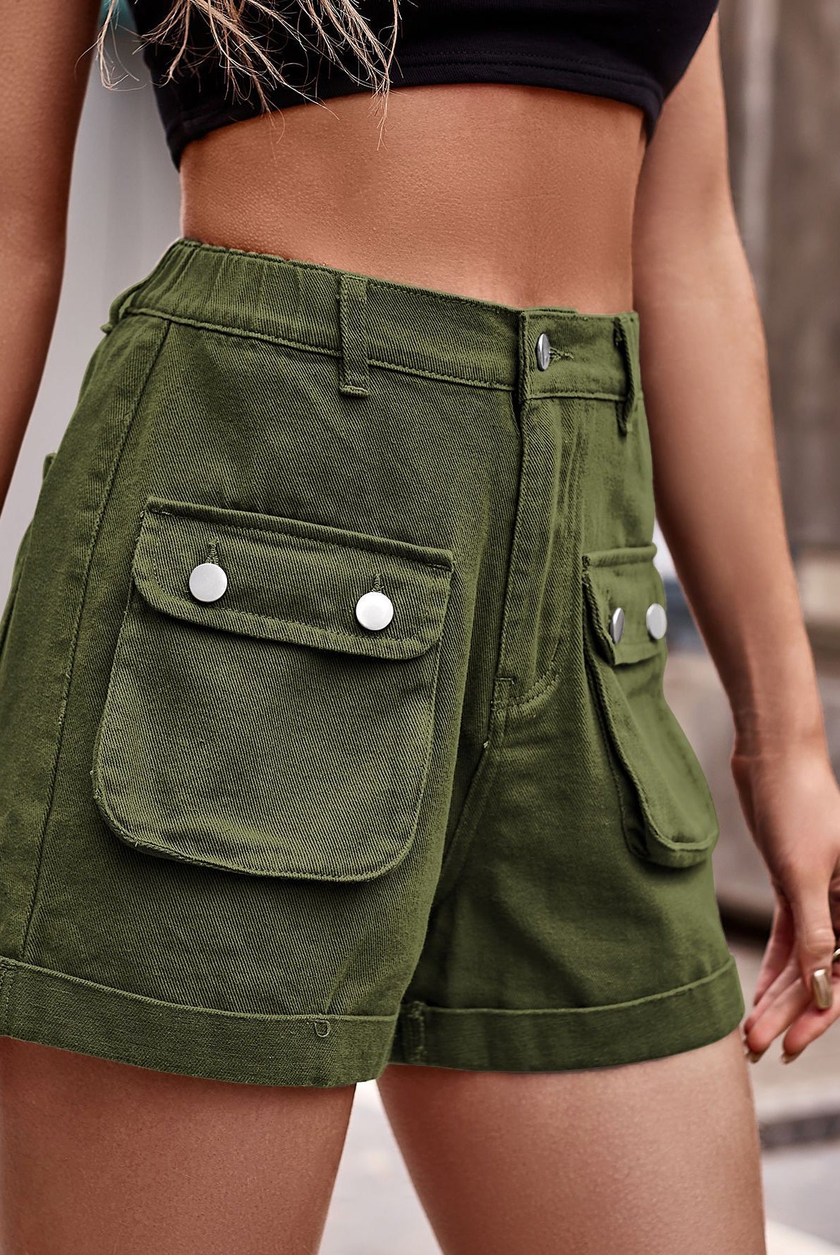 Dim Gray Cuffed Denim Shorts with Pockets Denim